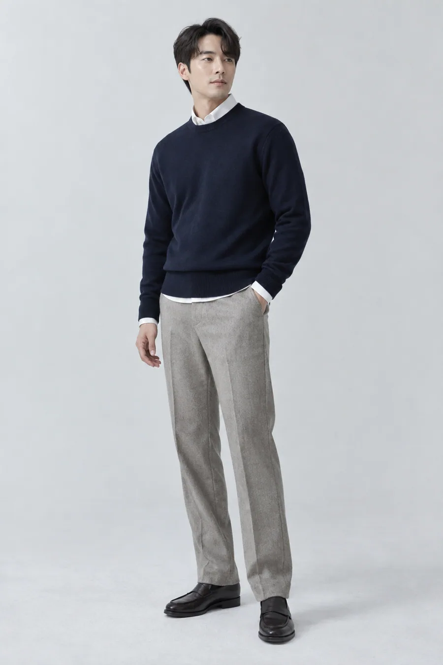 네이비·화이트·스톤 톤 니트, 셔츠, 울 슬랙스와 로퍼 착장의 AI 생성 남성 가을 코디 사진